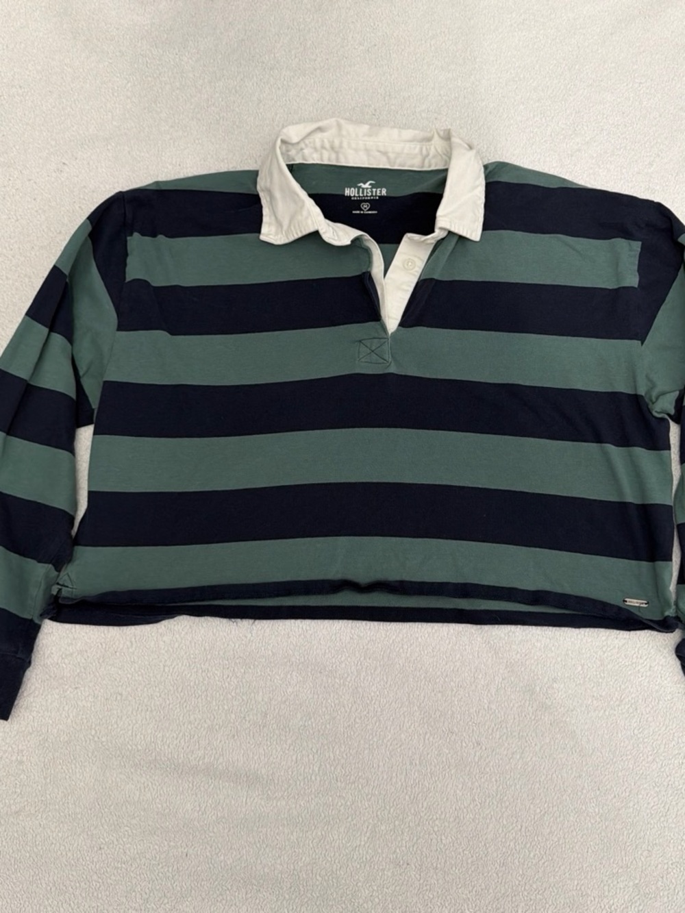 Hollister Navy & Green Striped Rugby Polo with White Collar